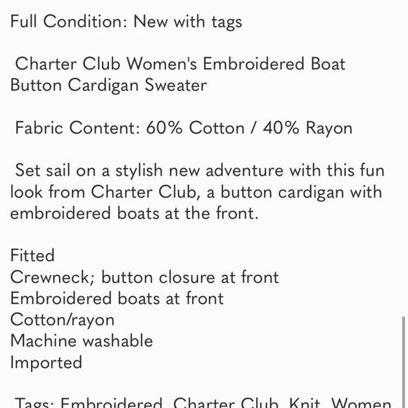NWT⛵️Charter Club Navy Button Sweater Cardigan w/ embroidered ⛵️ sailboats Sz S - Picture 14 of 16